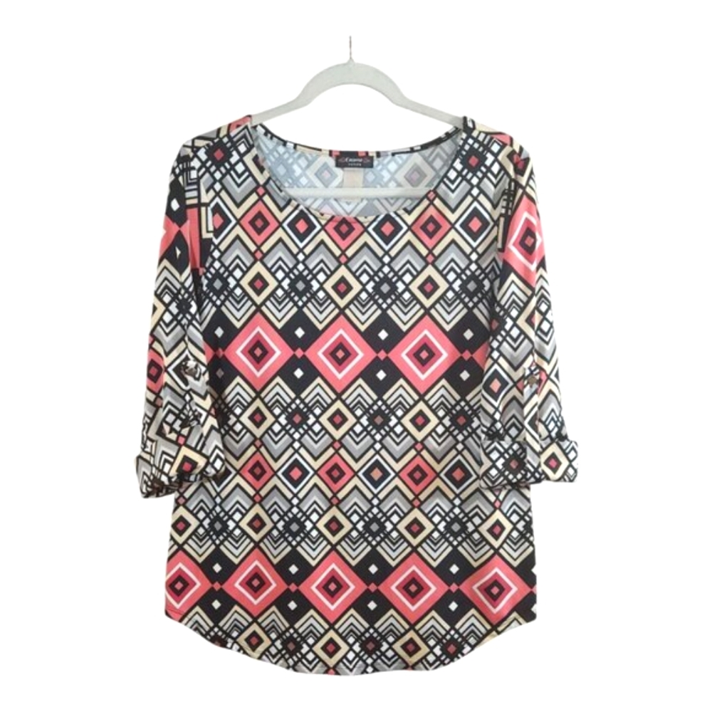 Cocomo Petite 3/4 Sleeve Diamond Print Slinky Knit Scoop Neck Top Women's PM